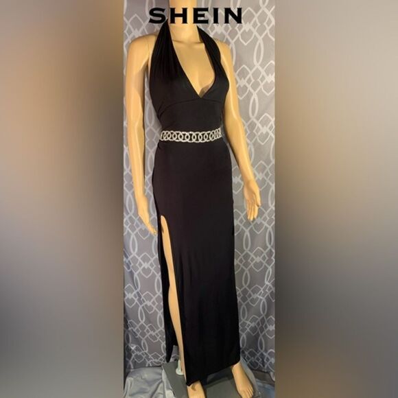 SHEIN S:XXL Black Long Halter Dress With Slit & Rhinestone Link adjustable Belt - Picture 2 of 9